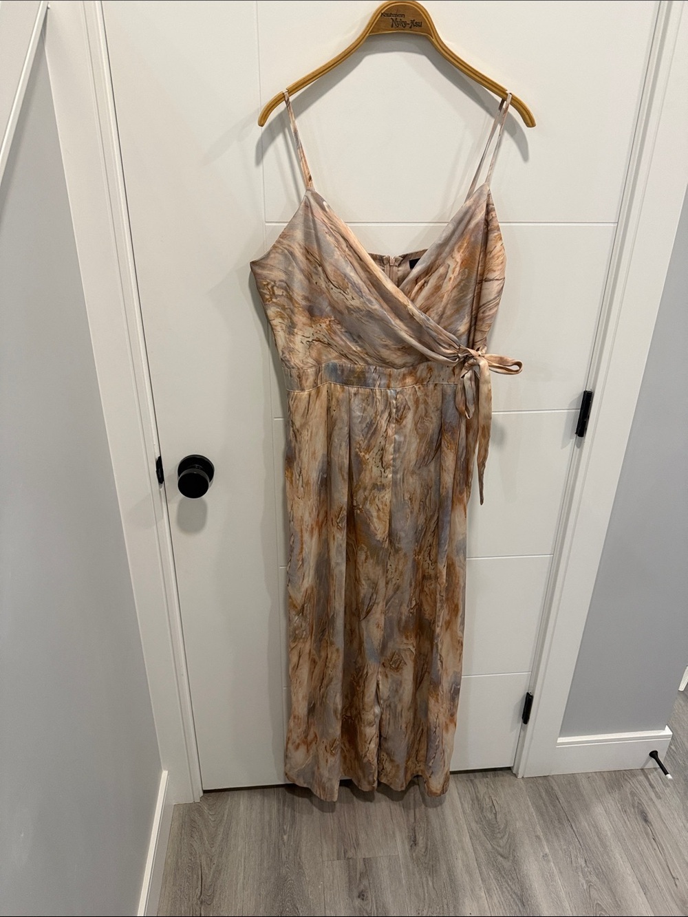 Spaghetti Strap Tie-Waist Marble Print Maxi Dress - Beige Multi